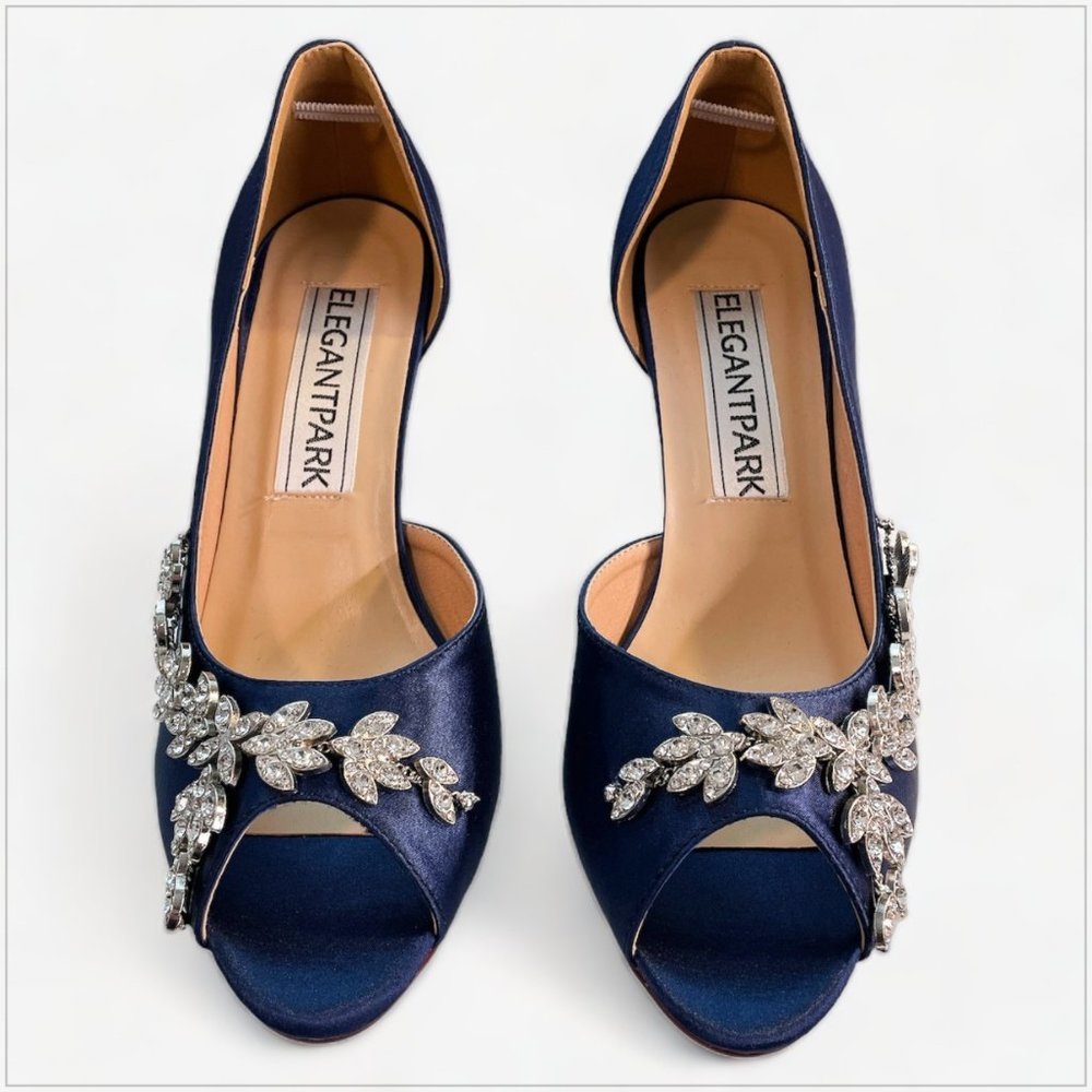 Navy Embellished Peep-Toe Heels. Size 8. - Picture 6 of 9
